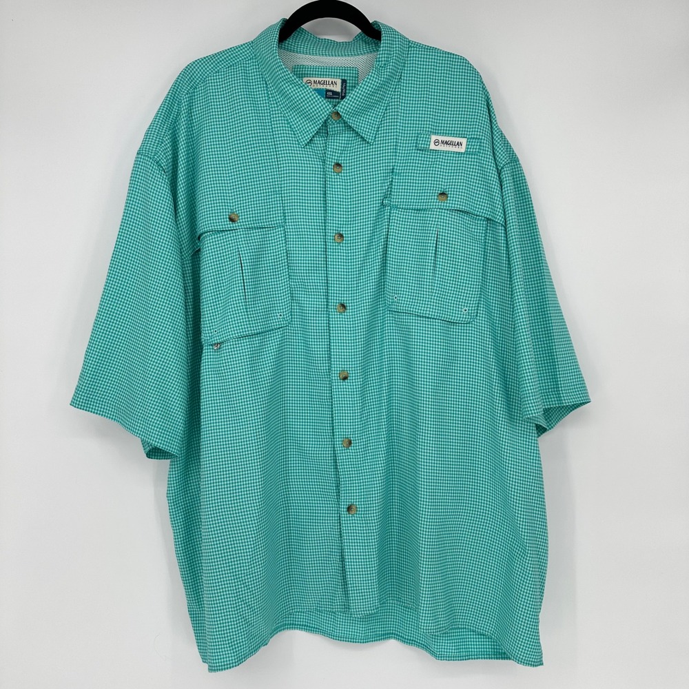 Magellan Outdoors Vented Fish Gear Mag Wick Aqua Gingham Button Up Shirt Men 4XL